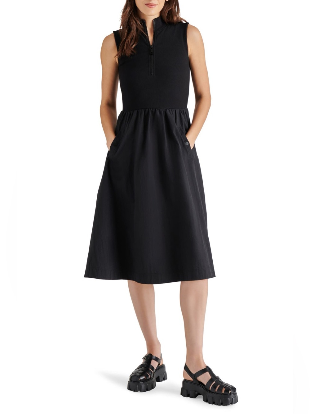 Steve Madden Berlin Sleeveless Half-Zip A-Line Dress size medium office goth